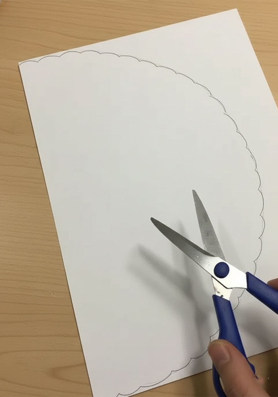 White cardstock semi-circle being cut with scissors and folded into a cone bouquet wrapper for a DIY Mother's Day tulip card step2a