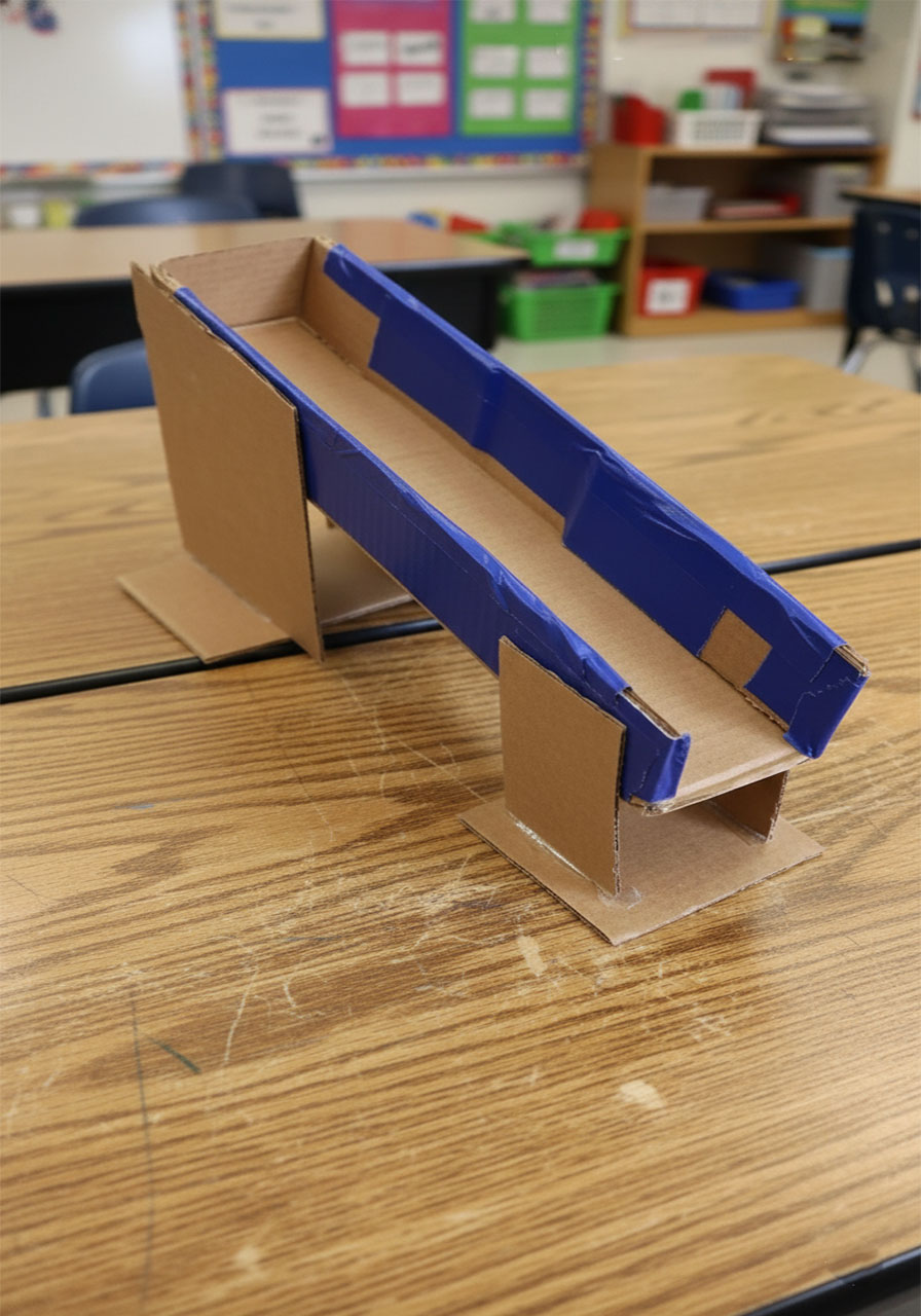 DIY cardboard ramp wrapped in blue duct tape with two legs for a construction truck sensory bin activity