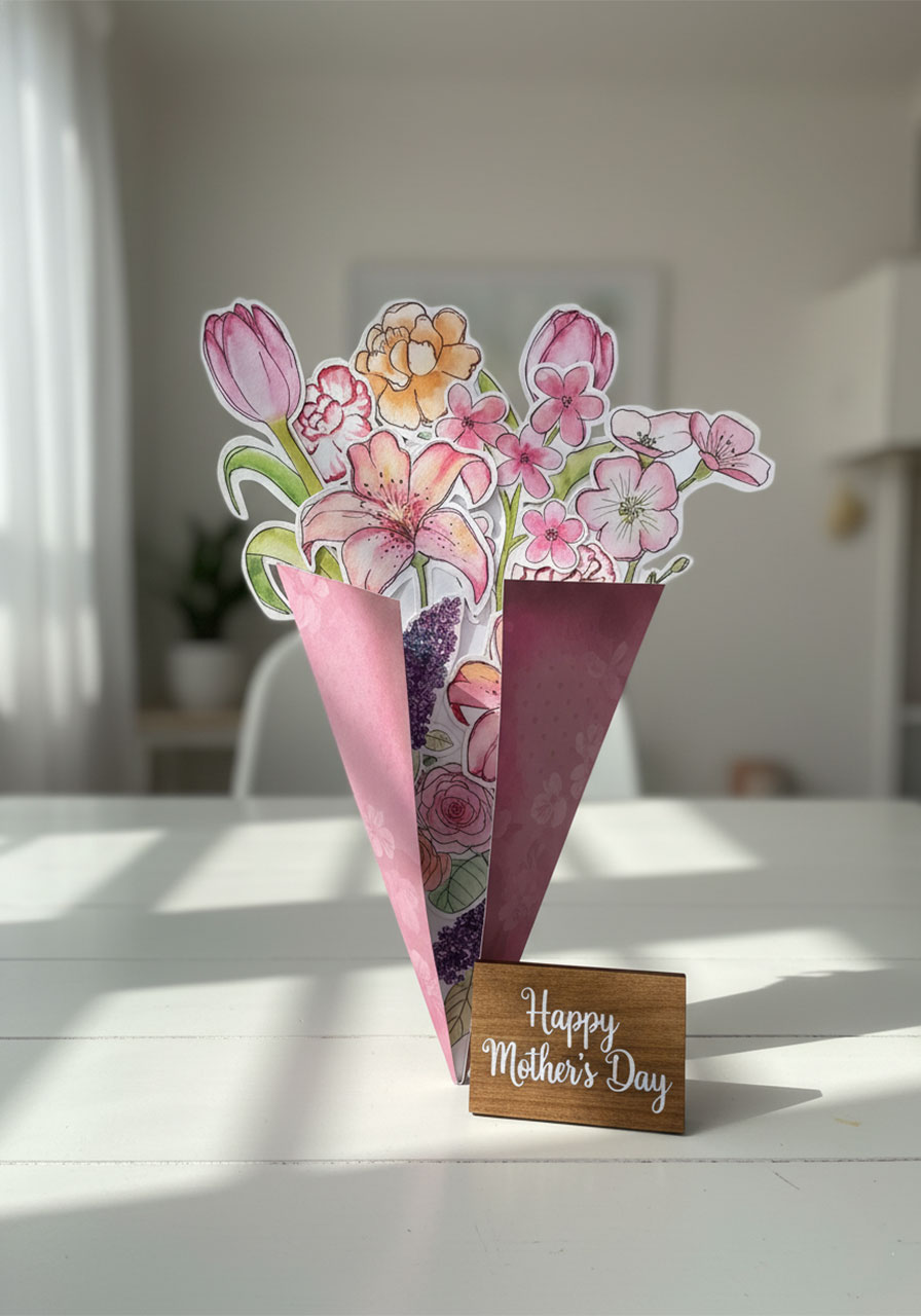 Finished DIY forever bouquet card for Mother's Day with hand-painted paper flowers in pink and lavender arranged in a dusty rose paper cone wrap