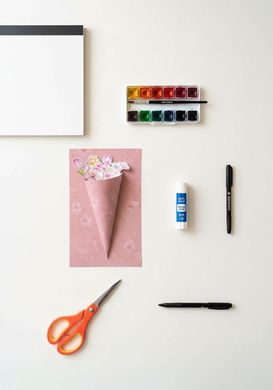 All supplies needed to make a DIY forever bouquet Mother's Day card including watercolor paper, paints, black fine-tip pen, pink patterned paper, scissors, glue stick, and pen laid out flat