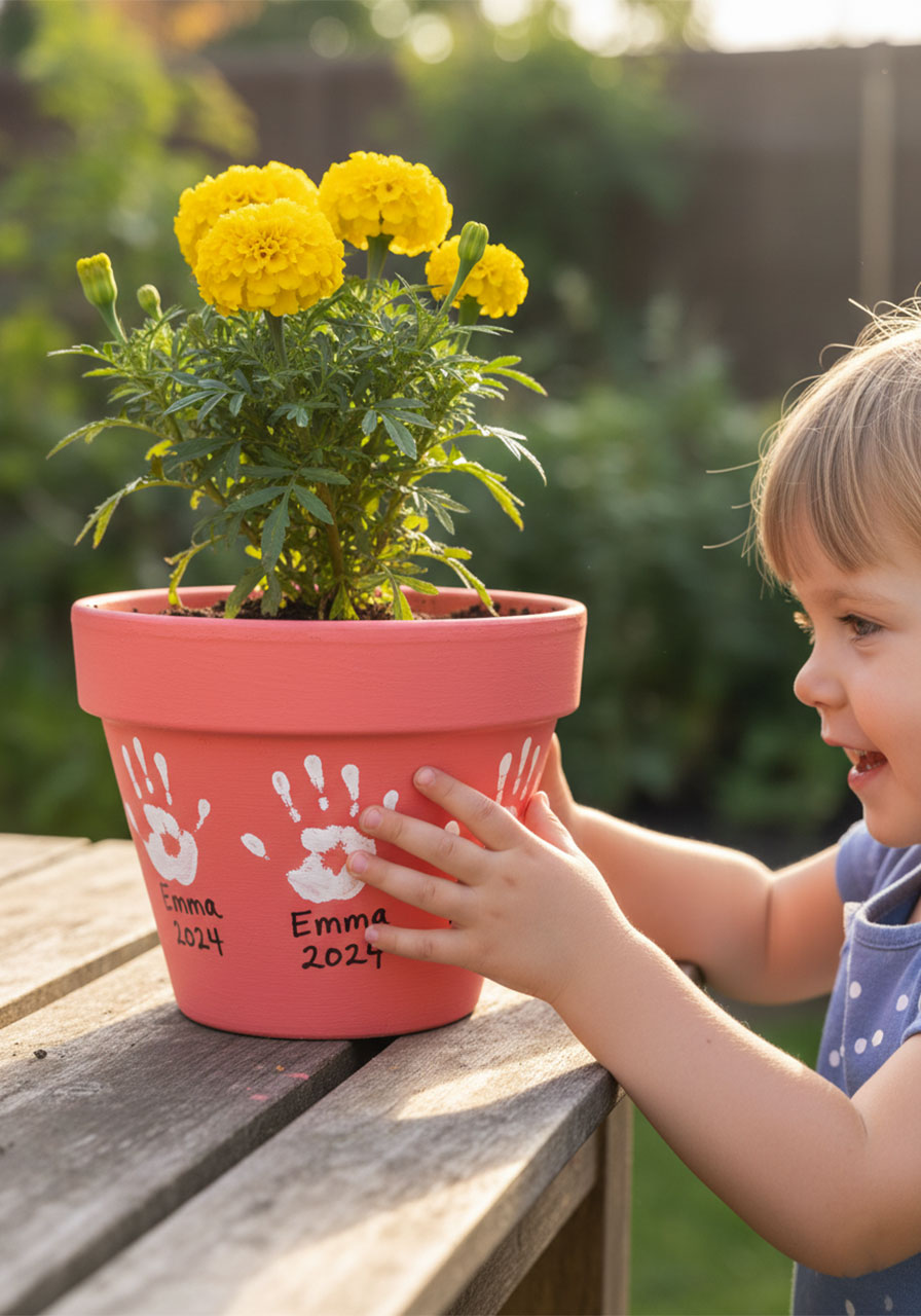 Child holding DIY handprint flower pot painted pink with white handprints and name, kids Mother's Day craft gift with marigold plant
