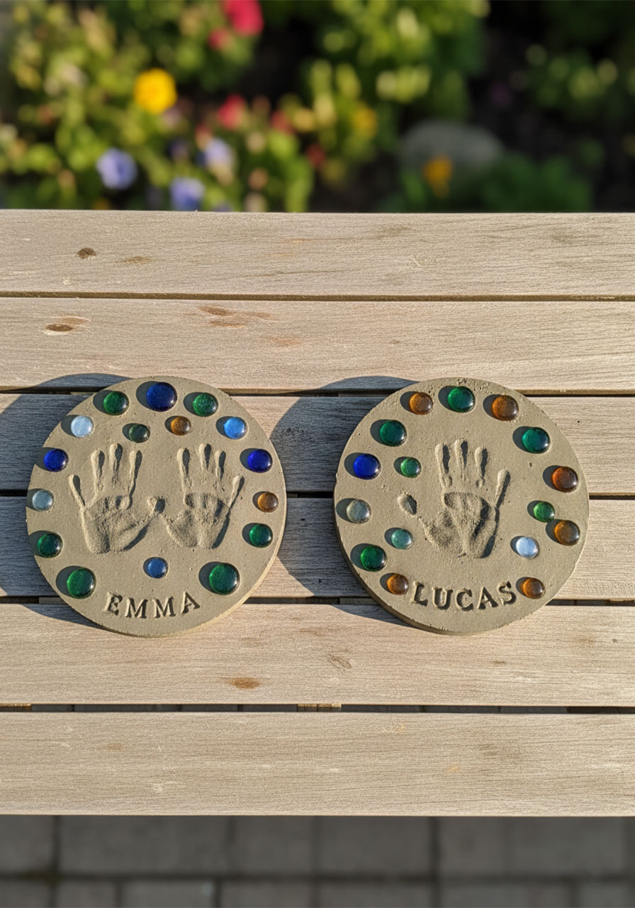 Two finished DIY handprint stepping stones with children's names stamped in concrete, decorated with colorful glass gems — perfect Mother's Day gift for grandma