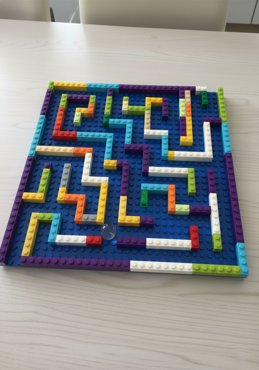 Completed DIY LEGO marble maze on a blue baseplate with colorful brick walls and a glass marble in the center path