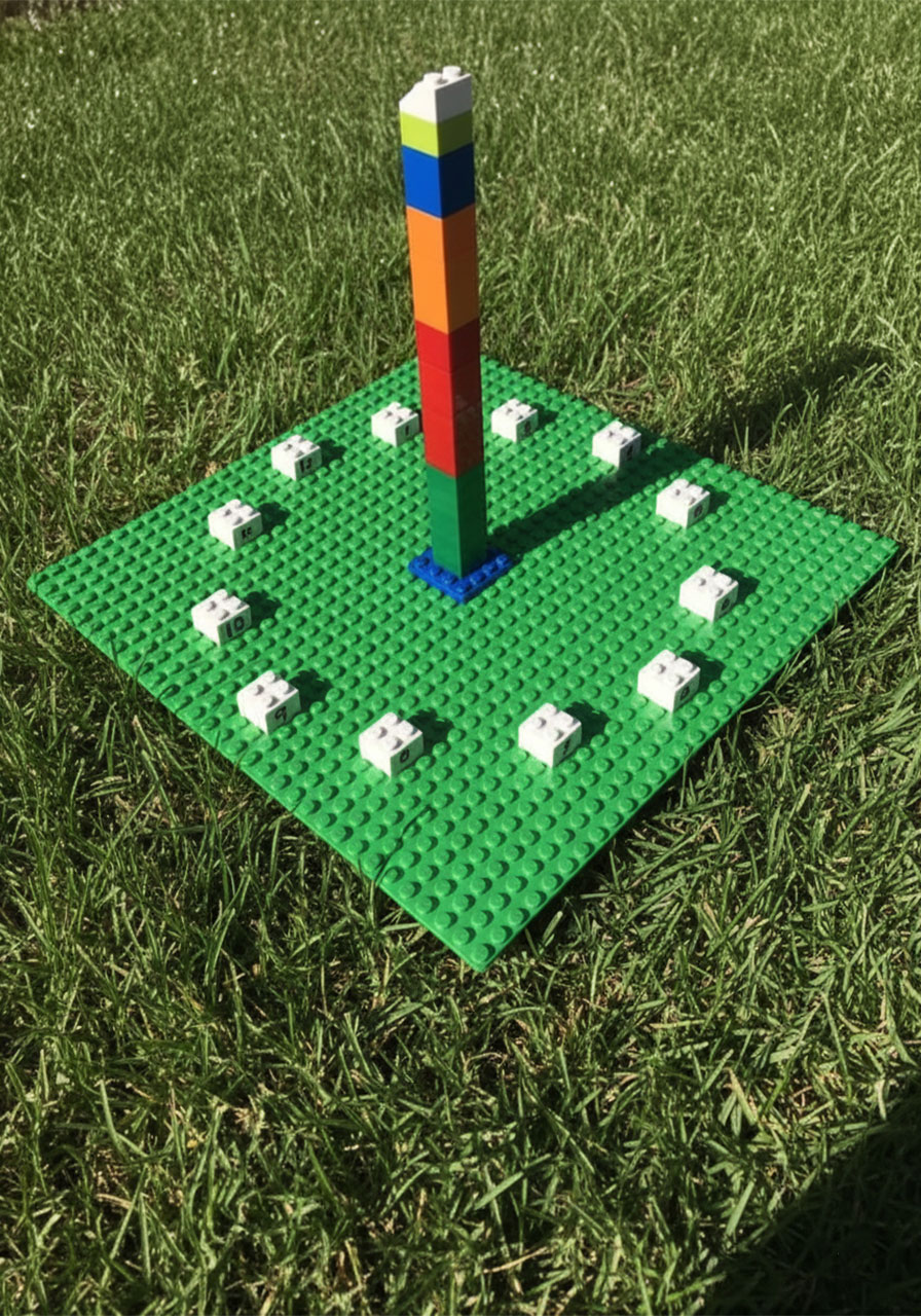 Completed DIY LEGO sundial on outdoor patio with numbered hour bricks and colorful gnomon tower casting a shadow