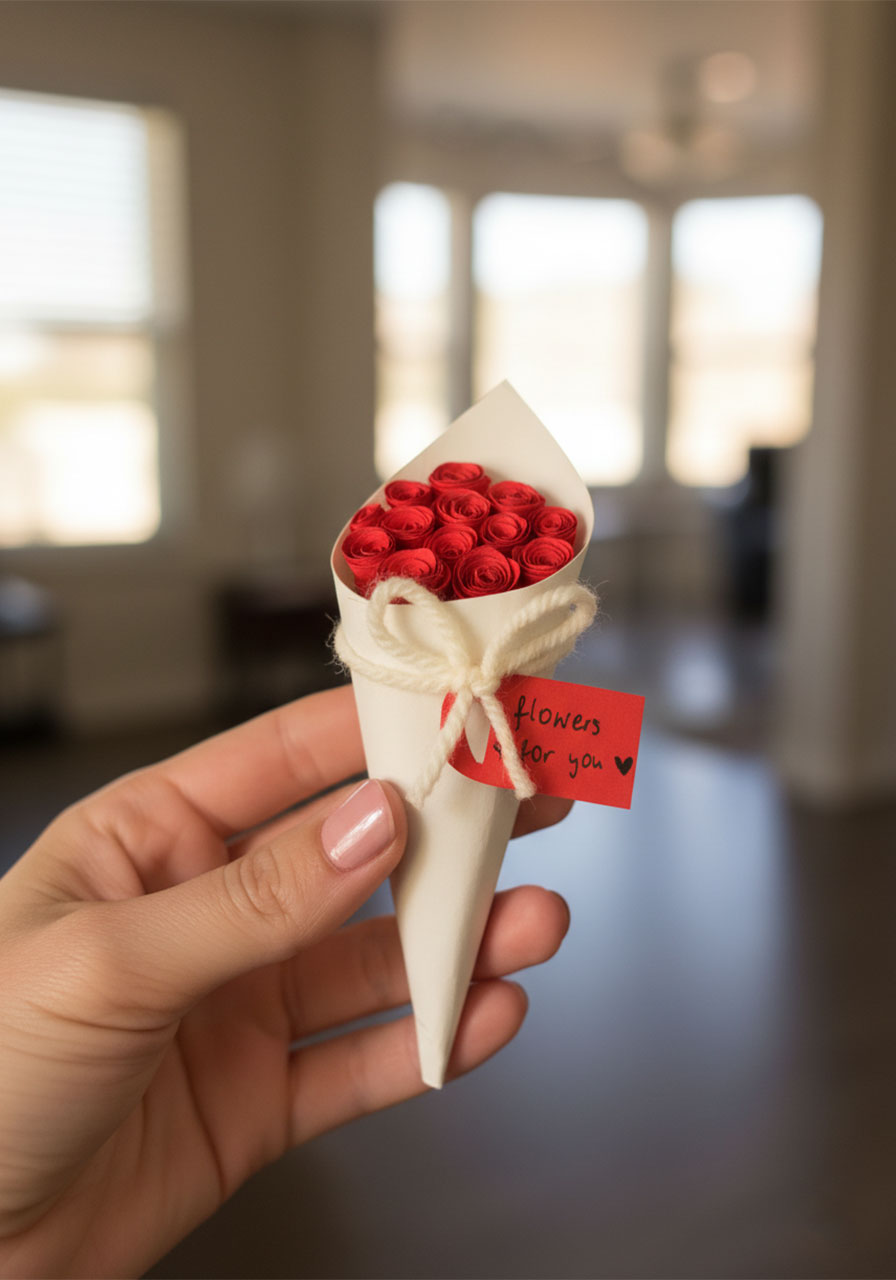 Completed DIY mini paper rose bouquet with red paper roses in a white cone, tied with twine and a gift tag reading "flowers for you"