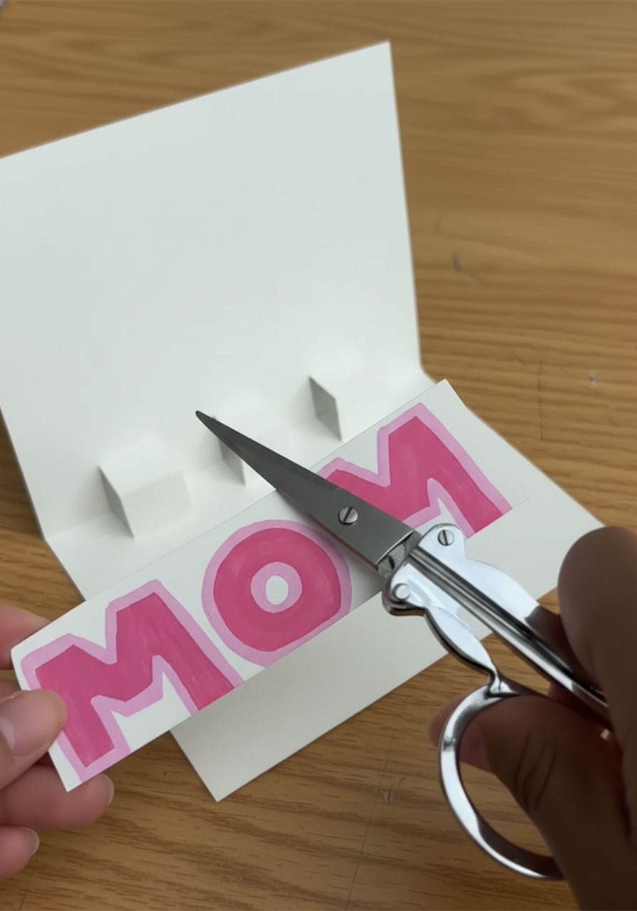 Child's hand coloring chunky pink block letters M O M on white cardstock showing completed outlined M letter and in-progress O letter for a DIY pop-up birthday card