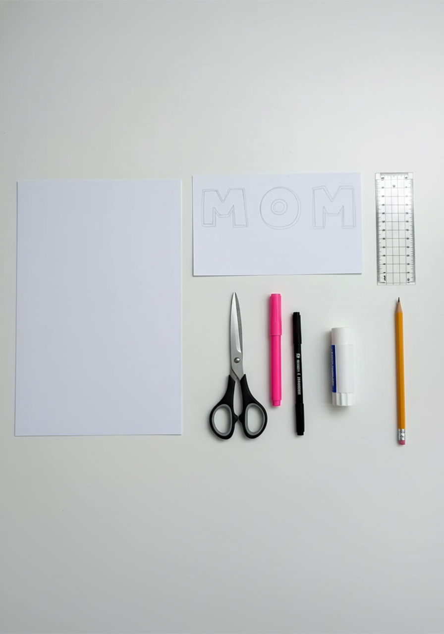 All supplies needed to make a DIY 3D MOM pop-up card including cardstock, scissors, pink marker, glue stick, and ruler