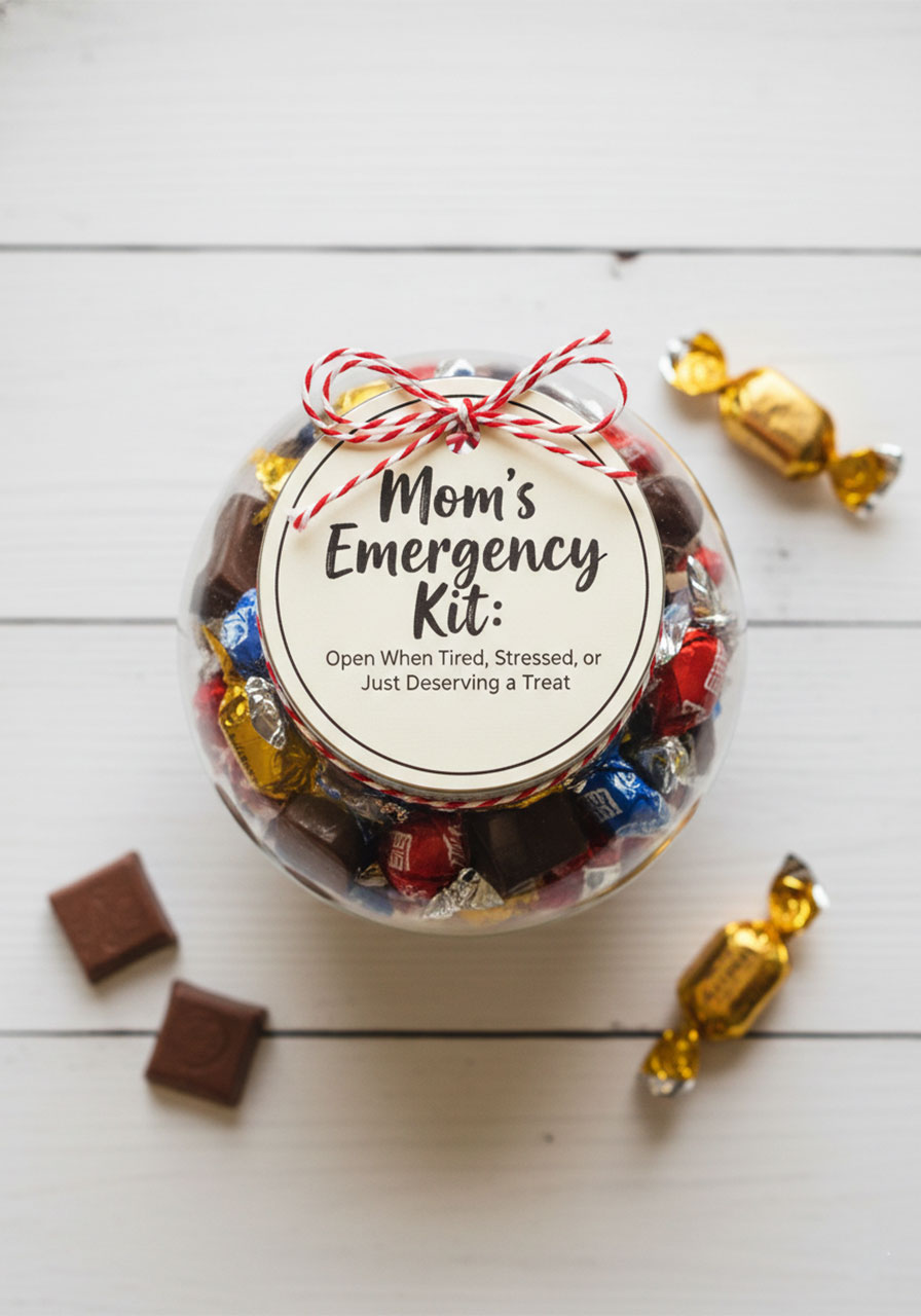 Glass jar filled with mini chocolates and caramels with handwritten Emergency Kit label tied with baker's twine, funny DIY Mother's Day candy gift idea