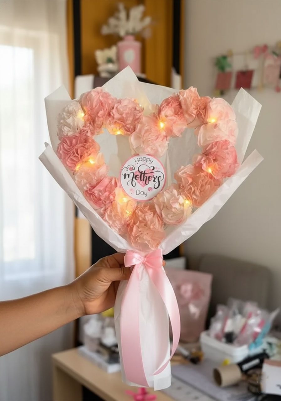 Completed DIY Mother's Day heart flower bouquet made from pink tissue paper with fairy lights and pink ribbon bow