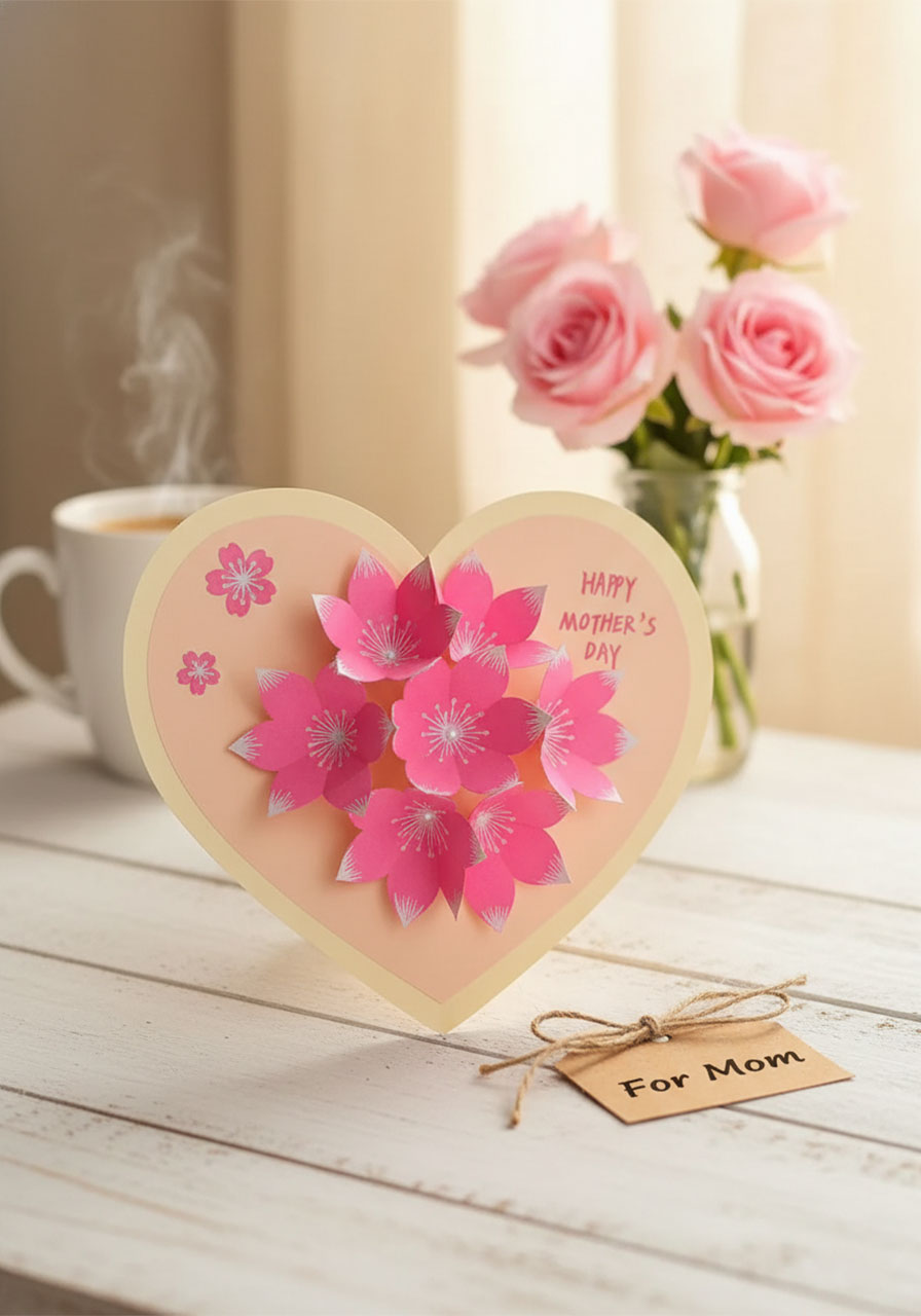 Completed DIY 3D pop-up heart Mother's Day card displayed open with pink paper flowers and gift tag on white table