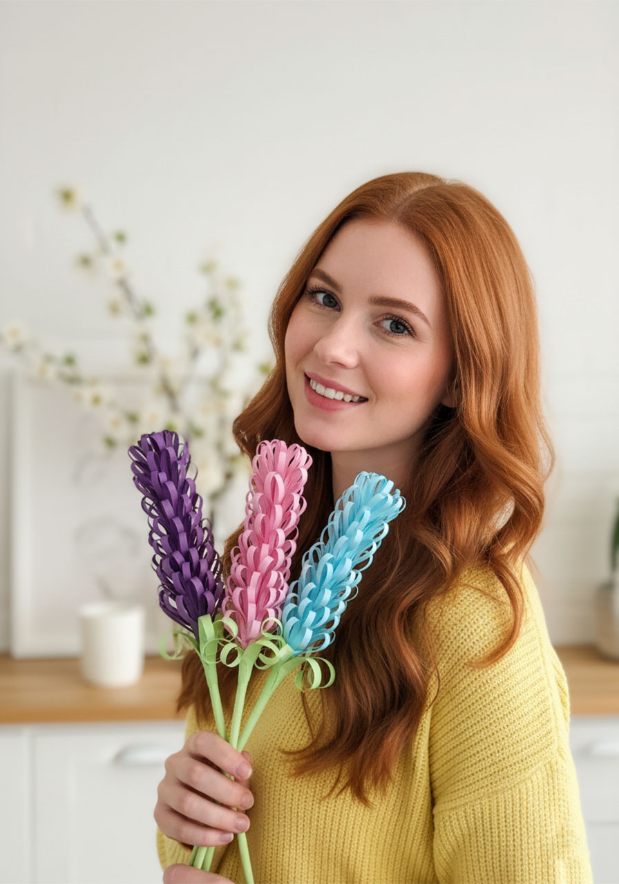 Woman holding three DIY paper hyacinths in purple, pink, and blue - a perfect everlasting Mother's Day gift