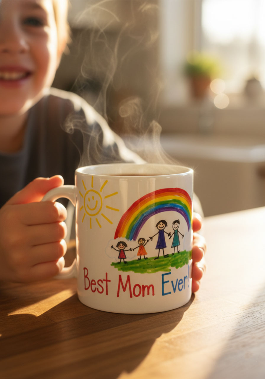 White ceramic mug with child's hand-drawn family stick figures and Best Mom Ever text in colorful Sharpie, DIY kids Mother's Day personalized mug gift