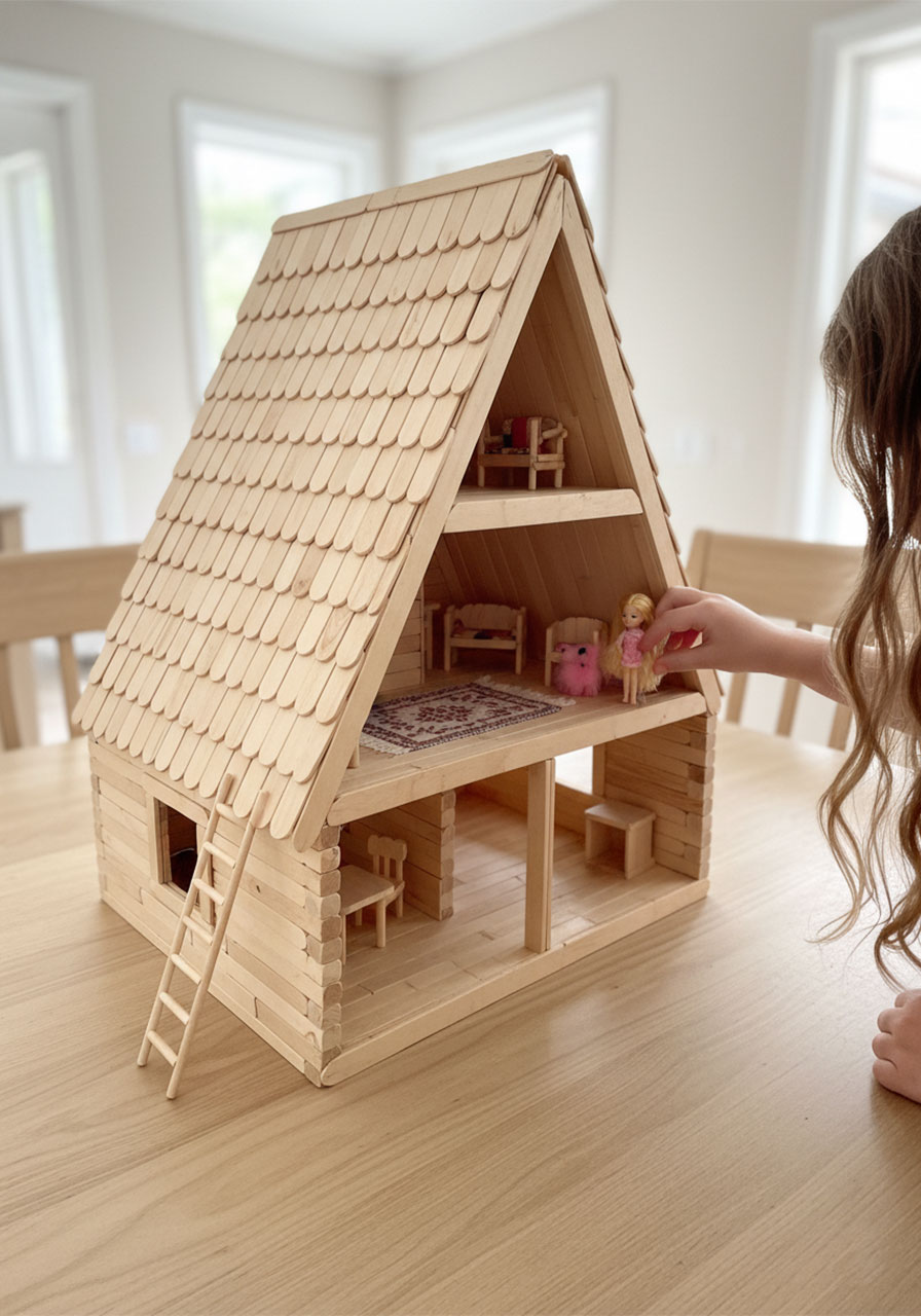 Completed DIY A-frame dollhouse built entirely from popsicle sticks with a ladder, fabric rugs, and miniature furniture inside