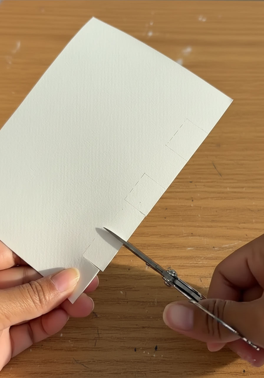 Adult hands using scissors to cut three pairs of parallel lines into the folded edge of white cardstock to create pop-up tabs for a MOM birthday card