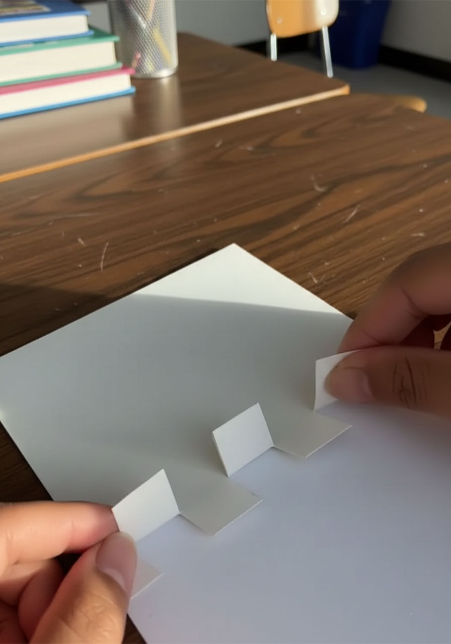 Hands pushing three paper tabs inward on an open white cardstock card to create 3D pop-up platforms for a DIY MOM birthday card step2a