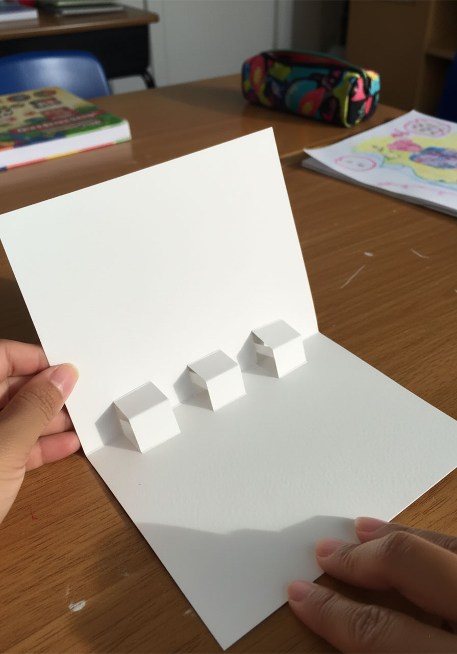 Hands pushing three paper tabs inward on an open white cardstock card to create 3D pop-up platforms for a DIY MOM birthday card step2b