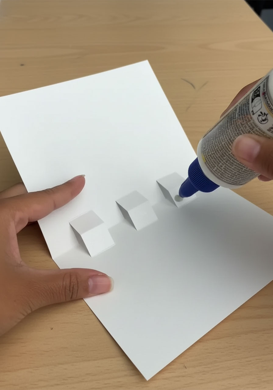 Adult hands gluing pink block letter M onto a pop-up tab inside an open handmade birthday card with completed O letter already standing on center tab step4a