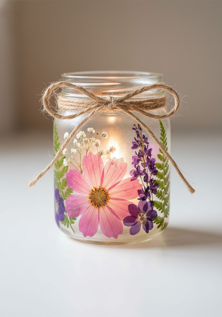 Close-up of a single DIY pressed flower lantern with glowing tealight candle and jute twine bow — a beautiful handmade Mother's Day gift