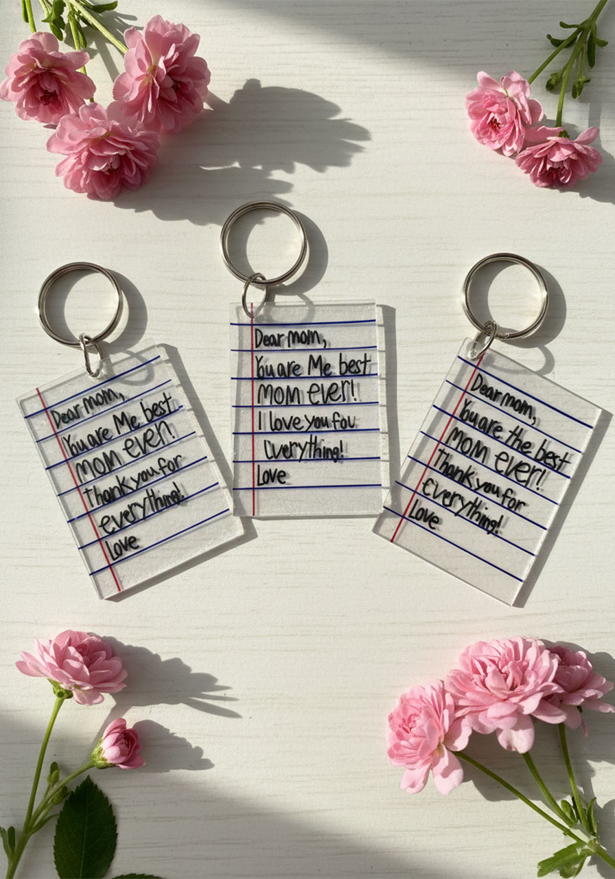 Three finished DIY shrink plastic notebook paper keychains with children's handwriting for Mother's Day