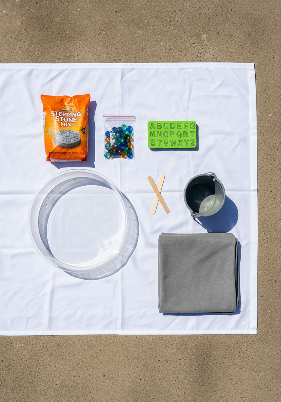 All supplies needed to make DIY handprint stepping stones laid out flat: concrete mix, round mold, glass gems, alphabet stamps, and popsicle sticks