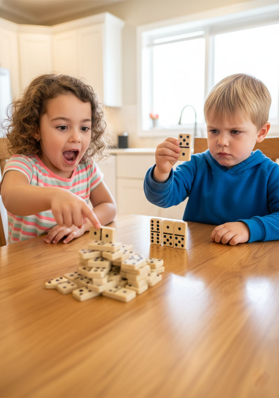 Two kids playing Domino Keepers addition math game at a kitchen table, each holding a domino and adding the dots