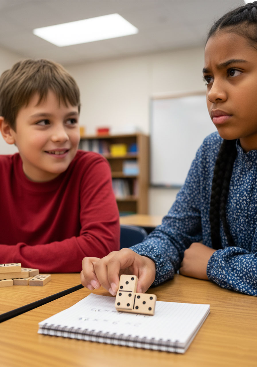 Two children playing a domino multiplication math game at a classroom desk with equations written on a notepad