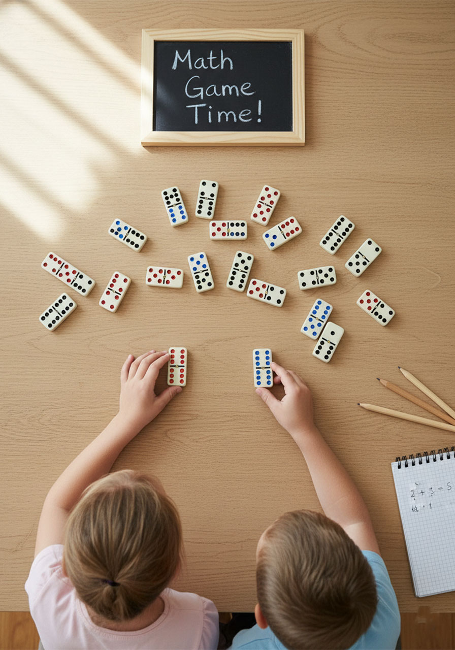Two children holding dominoes over a table full of domino tiles for a math game activity
