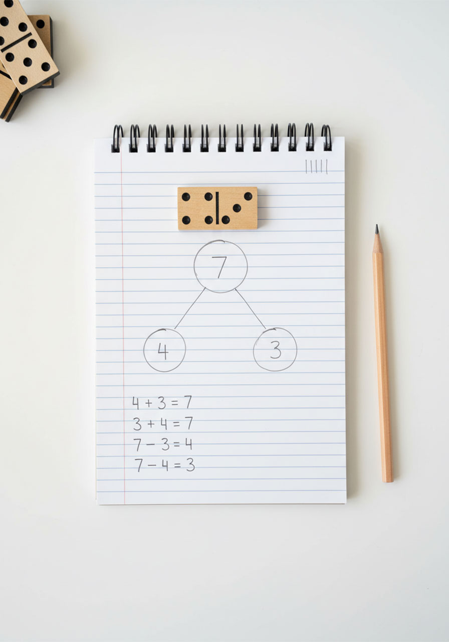 Domino number bond builder activity showing a domino with 4 and 3 dots next to a hand-drawn number bond diagram and equations