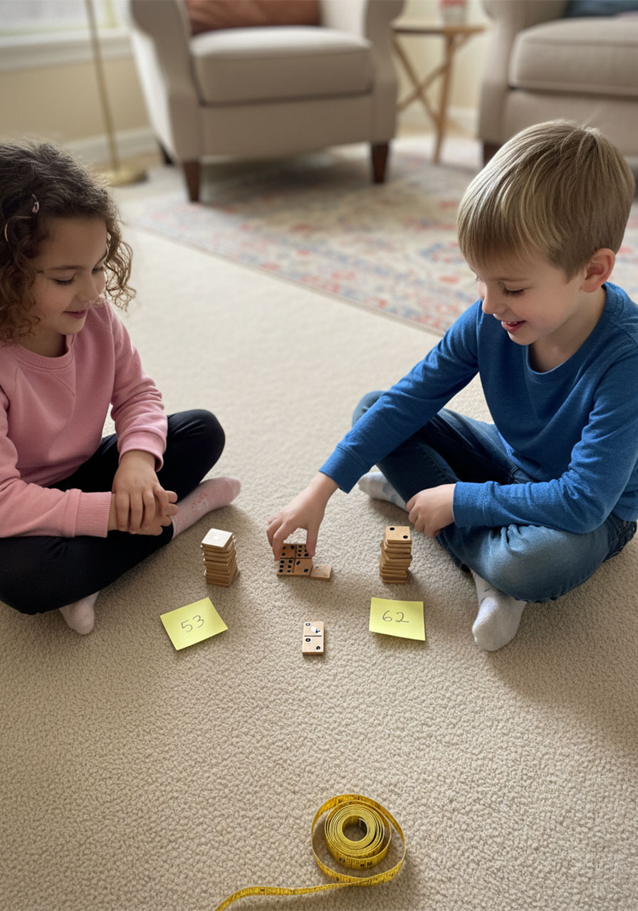 Two children playing Domino War comparing numbers game on living room floor with dominoes and number sticky notes
