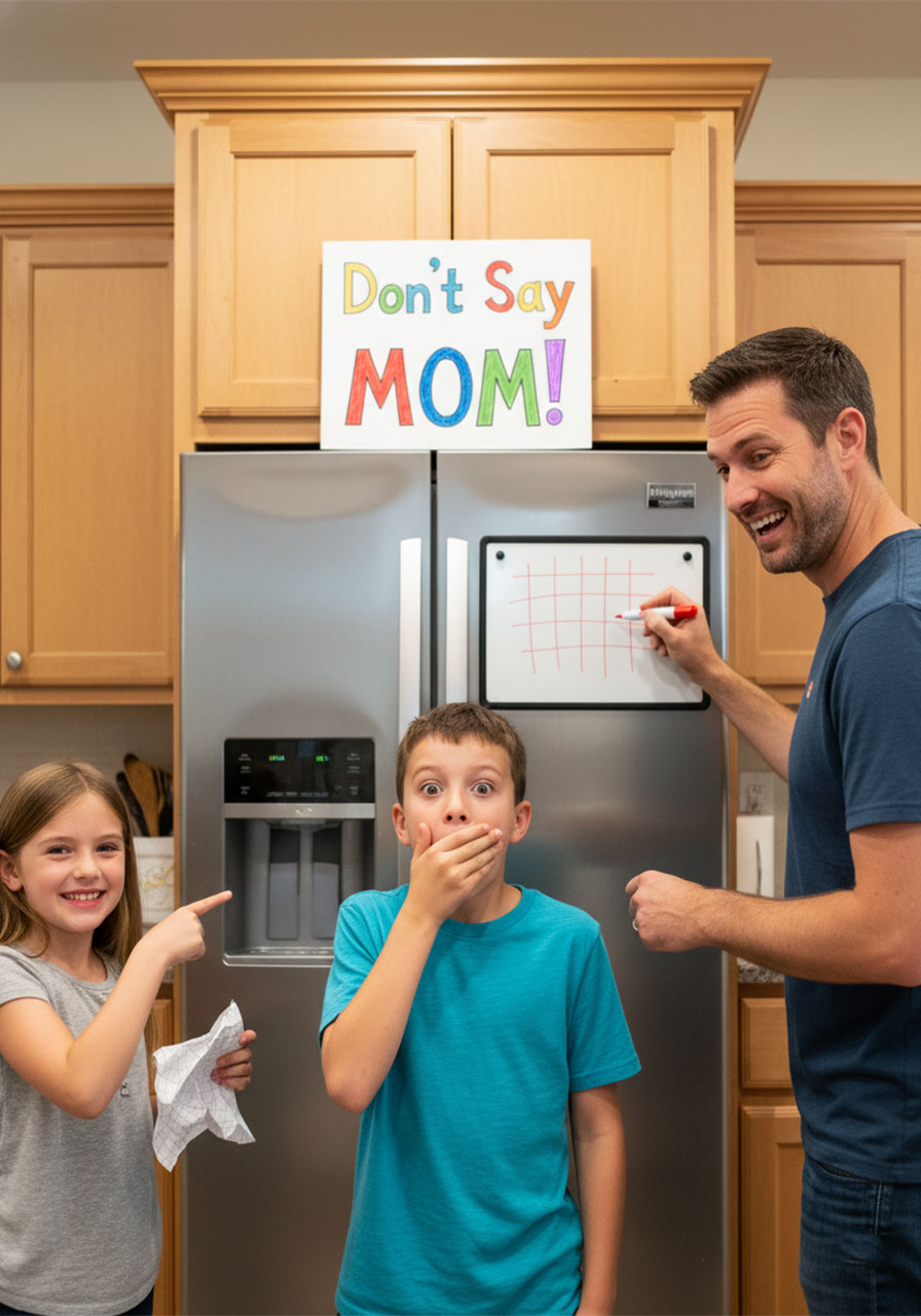 A boy covers his mouth after saying "Mom" while family keeps score in a fun Mother's Day word ban game
