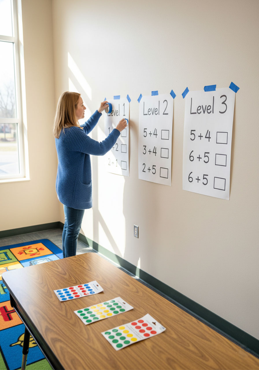 Elementary school teacher setting up three levels of dot sticker addition activity sheets on a classroom wall as differentiated math center stations
