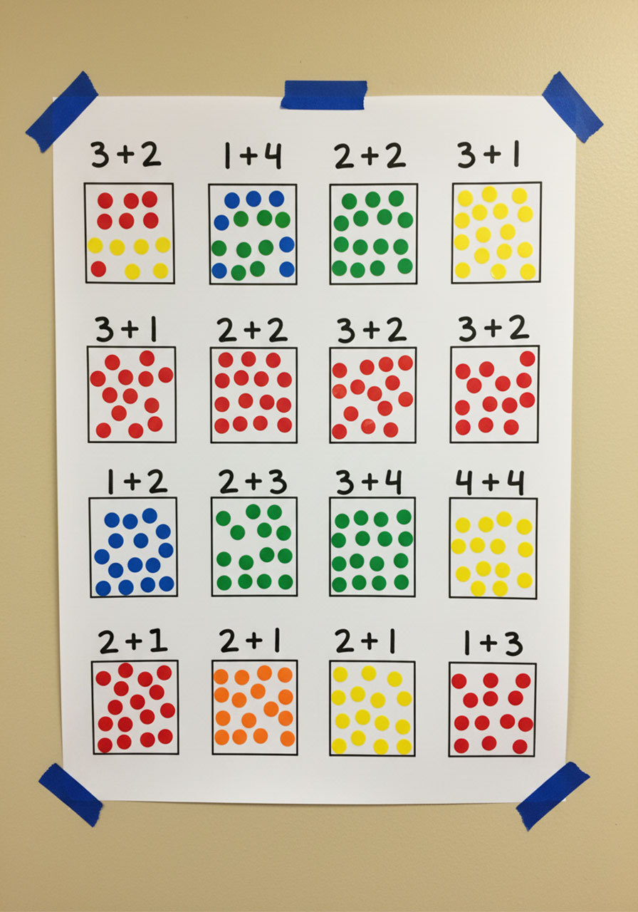 Completed dot sticker addition worksheet on wall with all answer boxes filled with colorful two-tone dot stickers showing finished kindergarten math activity