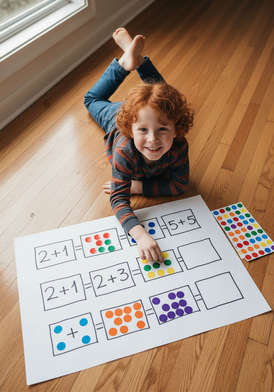 Young boy lying on floor doing dot sticker addition activity on butcher paper — a fun floor variation of the hands-on math activity for wiggly learners