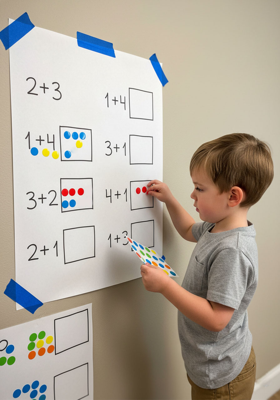 Young child doing dot sticker addition activity — placing colorful stickers on wall paper to practice hands-on math