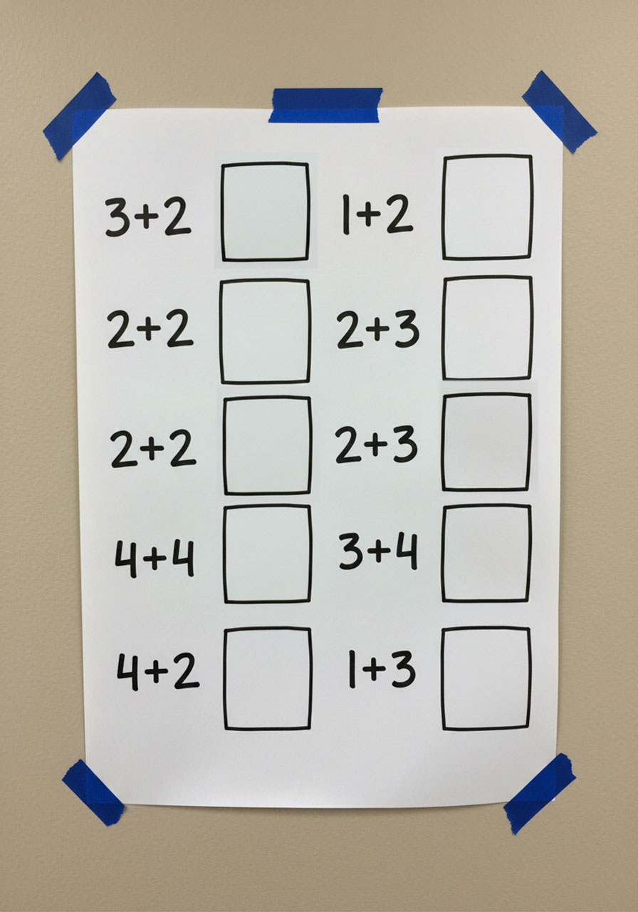 Blank dot sticker addition sheet taped to a wall showing handwritten addition problems with empty answer boxes ready for kids to complete