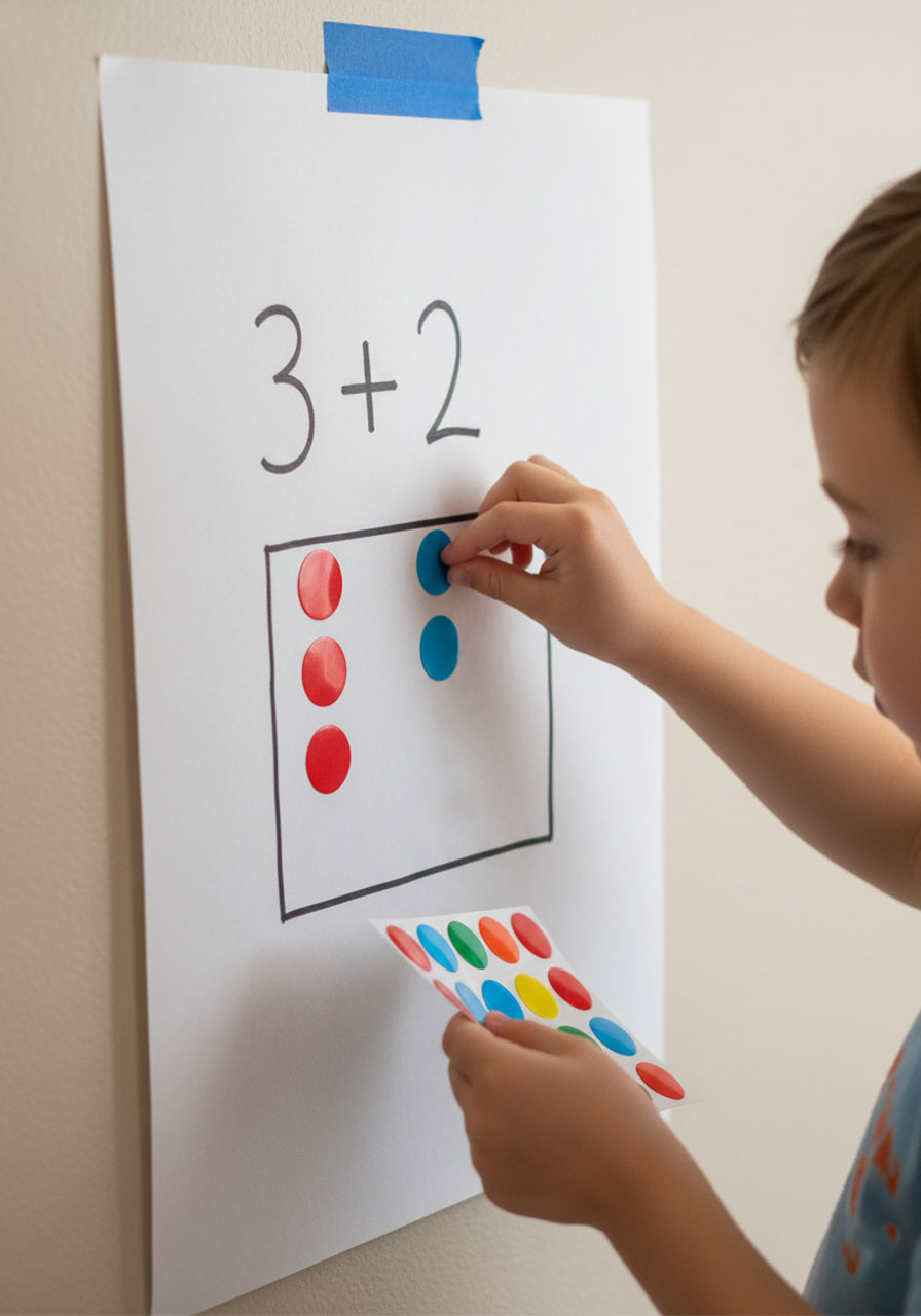 Close-up of a child placing two colors of dot stickers into an answer box — red stickers for the first number and blue stickers for the second, showing hands-on addition