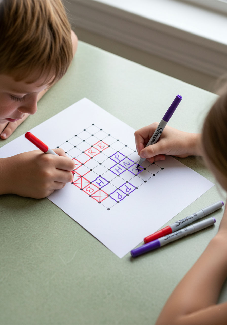 Two children playing Dots and Boxes pen and paper game mid-game, one drawing a red line and one with a purple marker on a 6x6 grid