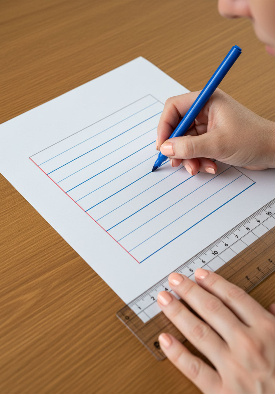 Adult hand drawing blue horizontal lines and red margin line on paper to create notebook paper template for shrink plastic keychain