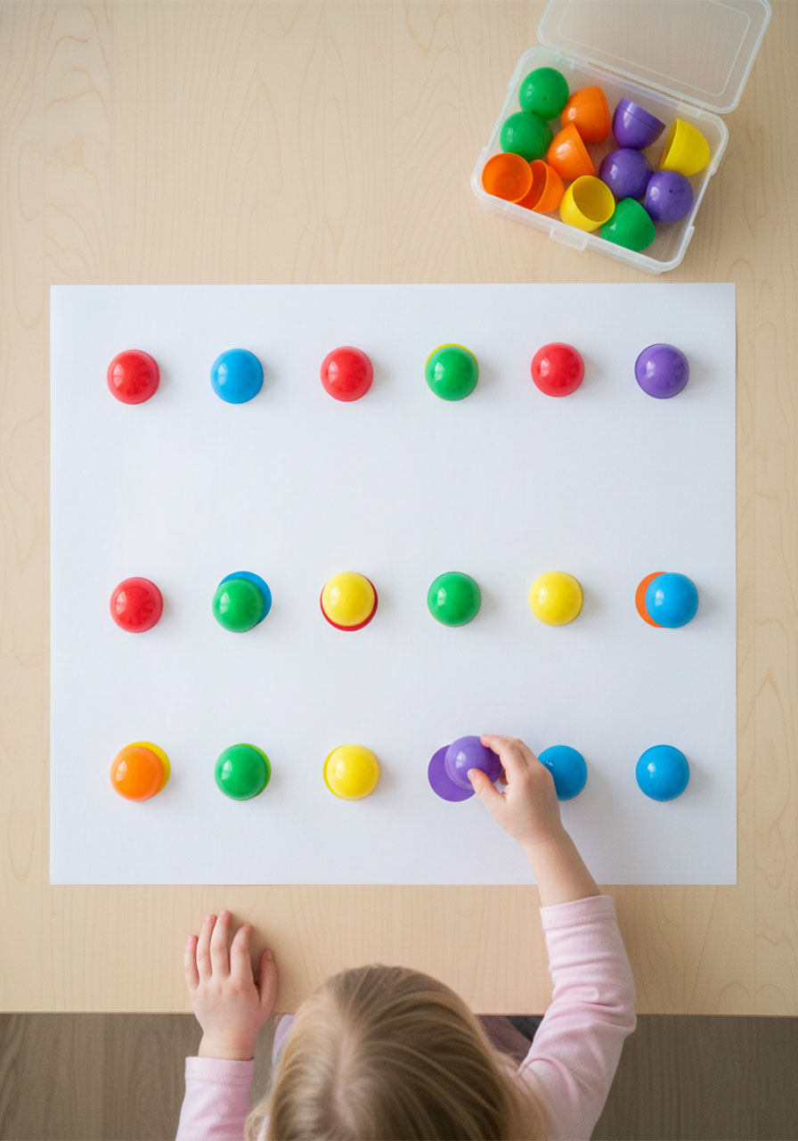 Toddler matching plastic Easter egg halves to colour-coded dots on white paper in Easter egg colour matching activity