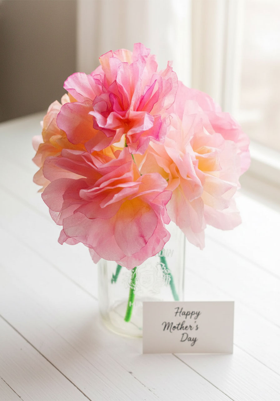 Finished coffee filter flower bouquet in a mason jar for an easy Mother's Day craft with kids