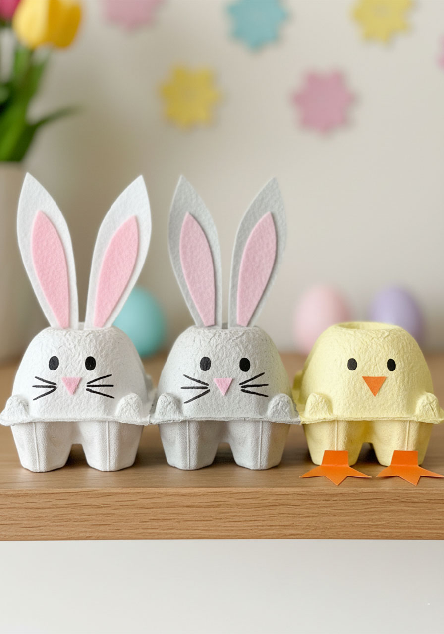 Three completed egg carton Easter bunny crafts for kids in white, grey, and yellow displayed on a wooden shelf
