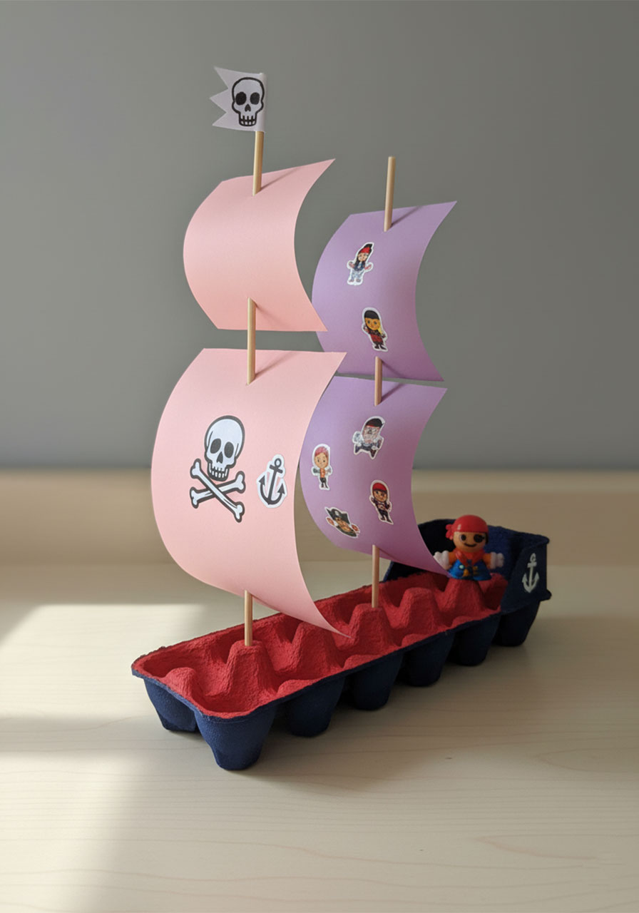 Completed egg carton pirate ship craft for kids with paper sails and pirate stickers made from a recycled cardboard egg carton