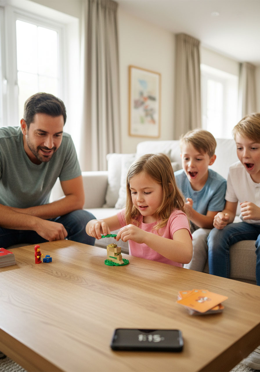 Family playing LEGO Charades together in living room, dad and kids of mixed ages watching young girl build a LEGO frog