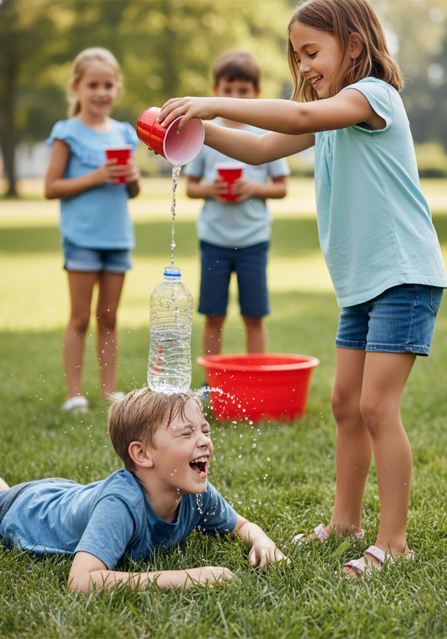 Kids playing Fill the Bottle relay game – one child lies down with a bottle on their forehead while teammates pour water into it from above