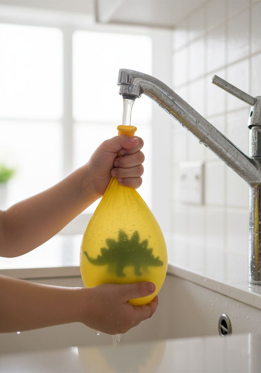 Child filling a yellow water balloon with a plastic dinosaur inside at a kitchen faucet to make a frozen dinosaur egg