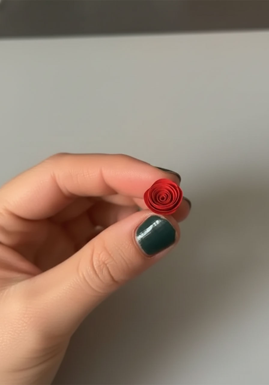 A single finished DIY mini paper rose made from red construction paper, showing the tightly rolled center and bloomed outer petals