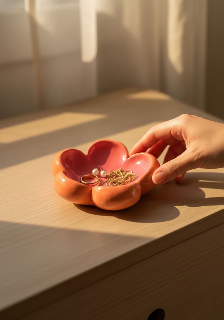 Finished orange and pink "You Are My Flower" clay trinket dish holding rings and earrings on a wooden dresser, perfect handmade Mother's Day gift