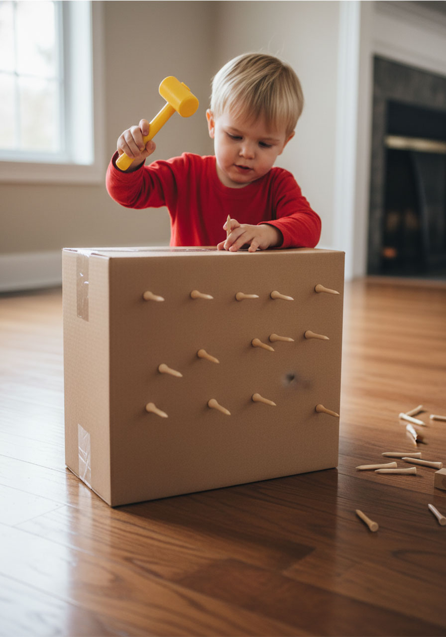 Toddler hammering golf tees into the side of an upright cardboard box – second version of fine motor hammering activity