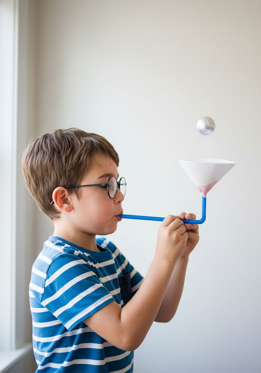 Child blowing through paper cone straw launcher to make a ball float in the air – floating ball activity