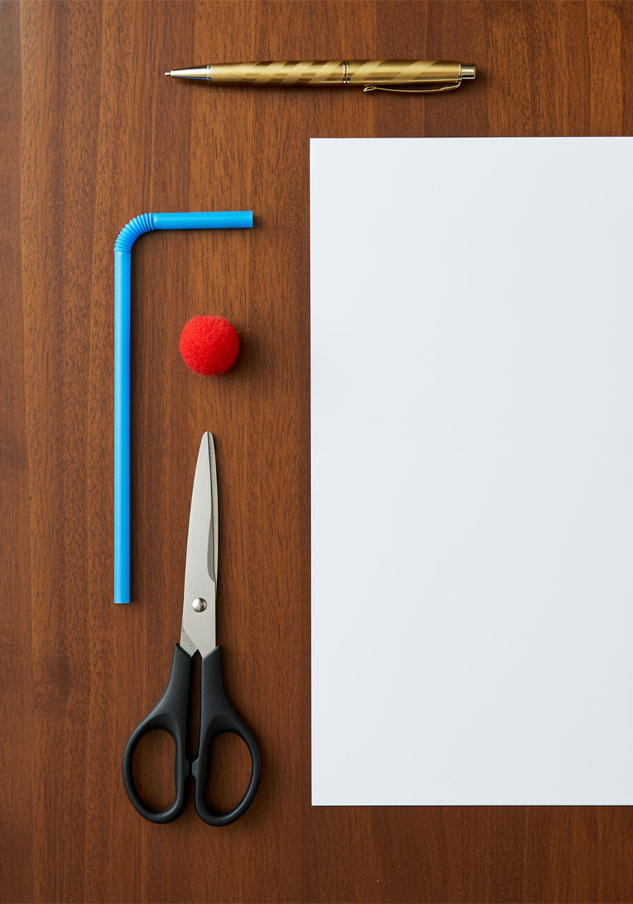 Supplies needed for floating ball activity including paper, bendy straw, scissors, pen, and pompom ball laid out on wood table